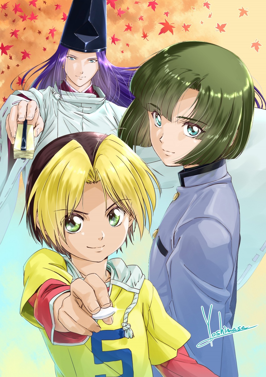 3boys absurdres black_hair blonde_hair blue_eyes bob_cut commentary_request feathers fujiwara_no_sai gakuran green_hair hand_fan hat highres hikaru_no_go holding holding_fan hood hoodie japanese_clothes kariginu long_hair looking_at_viewer male_focus multiple_boys purple_hair school_uniform shindou_hikaru short_hair signature smile tate_eboshi touya_akira yellow_hoodie yoshinaga_masahiro