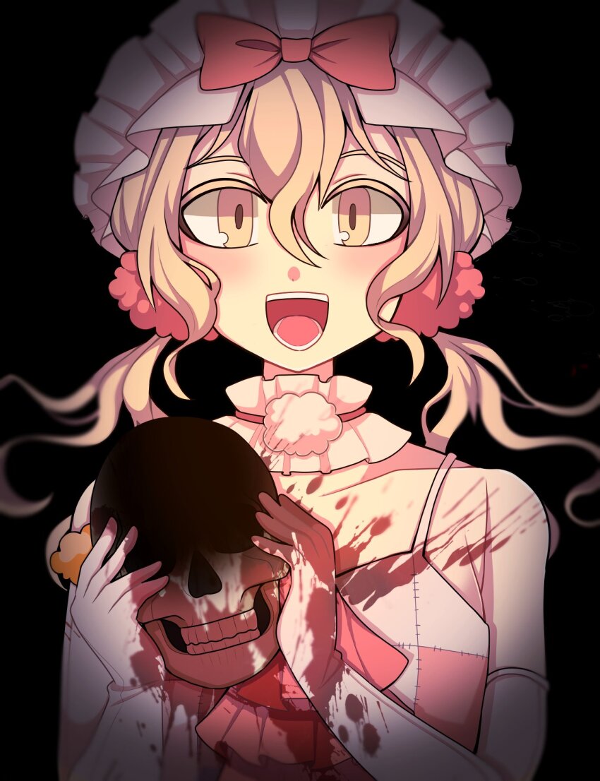 1girl 1jumangoku bare_shoulders black_background blonde_hair blood blood_on_clothes blood_on_hands blood_splatter bonnet bow bowtie breasts choker collarbone dark_foreground dress elbow_gloves frilled_choker frilled_hat frills gloves hair_bow hair_ornament hat highres holding holding_skull light_blush long_hair looking_at_viewer low_twintails magical_girl mahou_shoujo_ikusei_keikaku mahou_shoujo_ikusei_keikaku_limited medium_breasts open_mouth patchwork_clothes pink_bow pink_bowtie pink_choker pink_dress pom_pom_(clothes) pom_pom_hair_ornament sideboob simple_background skull sleeveless sleeveless_dress smile solo sonia_bean spaghetti_strap straight-on teeth twintails upper_body wavy_hair white_gloves white_hat yellow_eyes