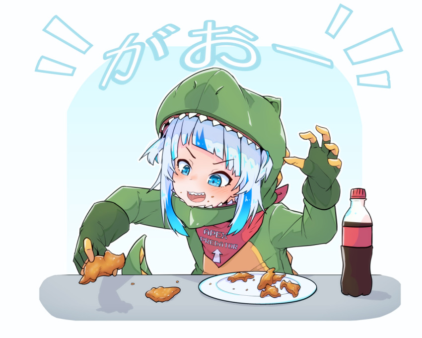 1girl bib blue_eyes blue_hair blunt_bangs chicken_nuggets dinosaur_costume food gawr_gura gloves grey_hair hololive hololive_english moral_cacoethes multicolored_hair open_mouth shark_girl sharp_teeth sidelocks soda_bottle solo streaked_hair tail teeth upper_teeth_only virtual_youtuber