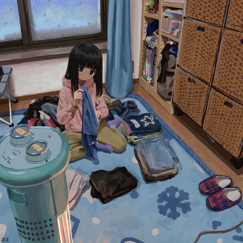 1girl absurdres black_eyes black_hair blunt_bangs closed_mouth commentary_request curtains folded_clothes folding_clothes heater highres hood hood_down hoodie indoors long_hair long_sleeves original pants pink_hoodie purple_socks rug sa1bi shelf sitting slice_of_life slippers snowflake_print socks solo window