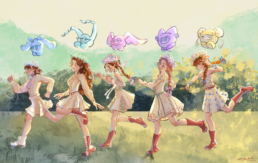5girls artduchin boots bracelet braided_twintails commentary dress english_commentary flower_wreath full_body grass hair_ribbon highres irene_(red_velvet) jewelry joy_(red_velvet) k-pop long_hair multiple_girls orange_hair outdoors ponytail profile real_life red_velvet_(group) ribbon running seulgi_(red_velvet) wendy_(red_velvet) white_boots white_dress yeri_(red_velvet)