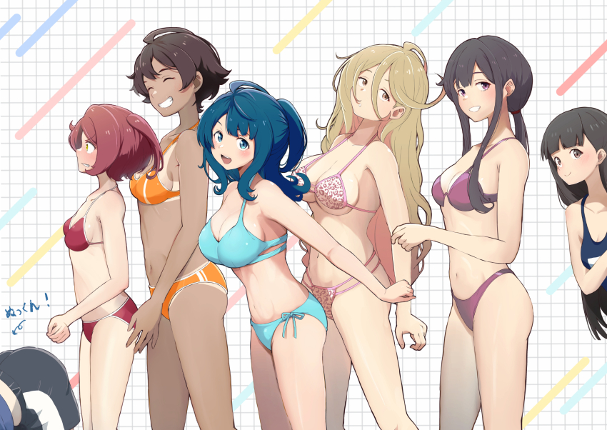 6+girls :d :o ^_^ alternate_hairstyle bikini black_hair blonde_hair blue_eyes blue_hair blunt_bangs breasts brown_eyes brown_hair c: closed_eyes cowboy_shot green_eyes grin highres komari_chika large_breasts lineup long_hair looking_ahead looking_at_another looking_at_viewer make_heroine_ga_oo_sugiru! mashiroshiro medium_breasts multiple_girls navel nukumizu_kaju nukumizu_kazuhiko one_side_up open_mouth parted_lips patterned_clothing ponytail purple_eyes red_hair school_swimsuit shikiya_yumeko short_hair side-tie_bikini_bottom sidelocks small_breasts smile standing string_bikini swimsuit tan tanline teeth tsukinoki_koto twintails upper_teeth_only very_long_hair yakishio_lemon yanami_anna
