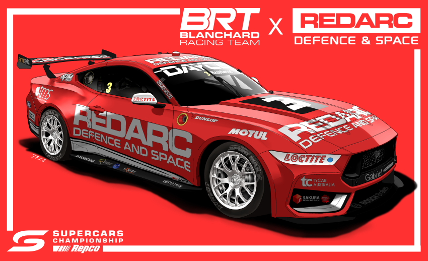 absurdres amoemo car ford ford_mustang ford_mustang_s650 highres motor_vehicle no_humans original race_vehicle racecar red_background red_car red_theme spoiler_(automobile) sponsor