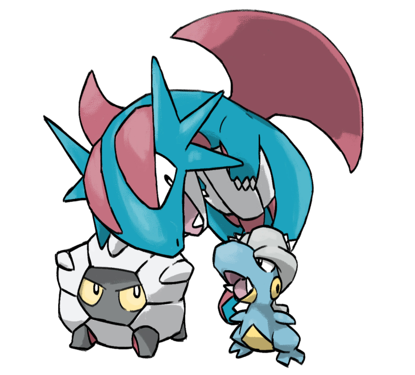 animal_focus bagon black_eyes blacknirrow chibi claws colored_sclera dragon evolutionary_line eye_contact fangs full_body gen_3_pokemon leaning_forward looking_at_another looking_down looking_up nintendo no_humans no_mouth open_mouth pokemon pokemon_(creature) salamence shelgon simple_background standing white_background white_eyes yellow_sclera