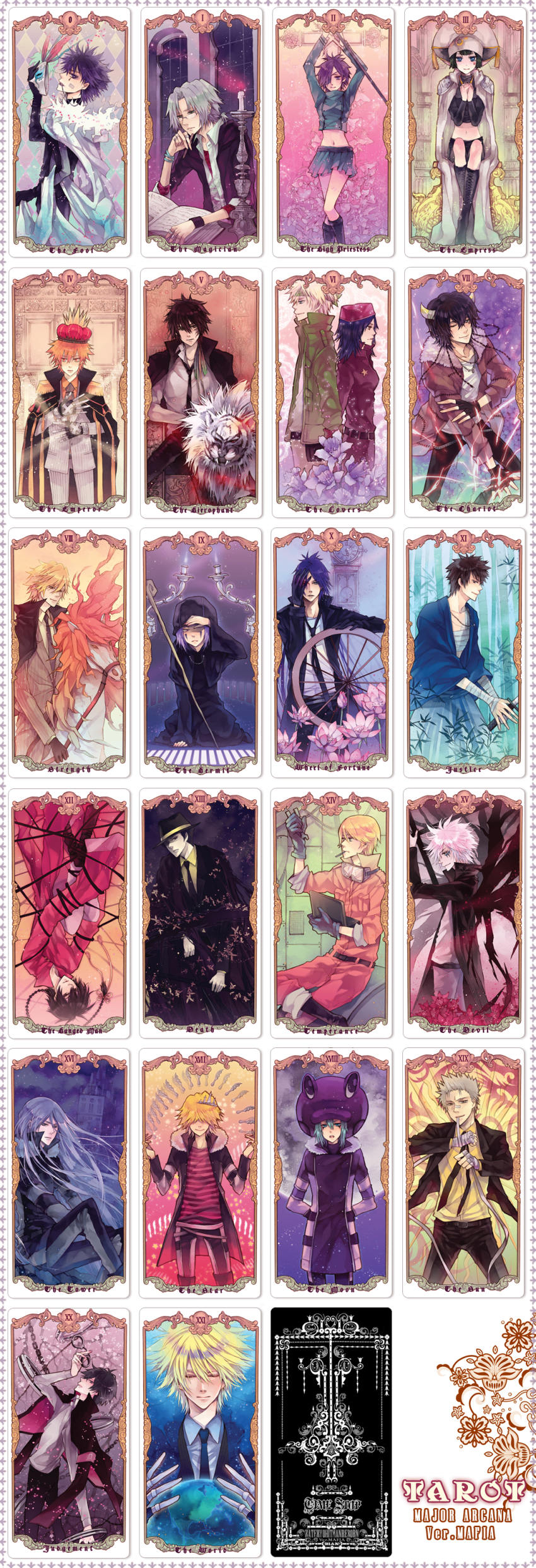 00s 3girls 6+boys absurdres annotated bad_id bad_pixiv_id belphegor_(reborn) bester bian_(biannnn) biannn byakuran card_(medium) chrome_dokuro colonello dino fon_(reborn) fran_(reborn) giotto_(reborn) glasses gokudera_hayato heterochromia hibari_kyouya highres horns katekyo_hitman_reborn! lal_mirch lambo long_hair mammon_(reborn) multiple_boys multiple_girls reborn rokudou_mukuro sasagawa_ryohei sawada_tsunayoshi school_uniform shirt short_hair skirt skull_(reborn) spanner_(reborn!) striped_clothes striped_shirt superbi_squalo sword tarot tarot_(medium) tarot_set uni_(reborn) weapon wings xanxus yamamoto_takeshi