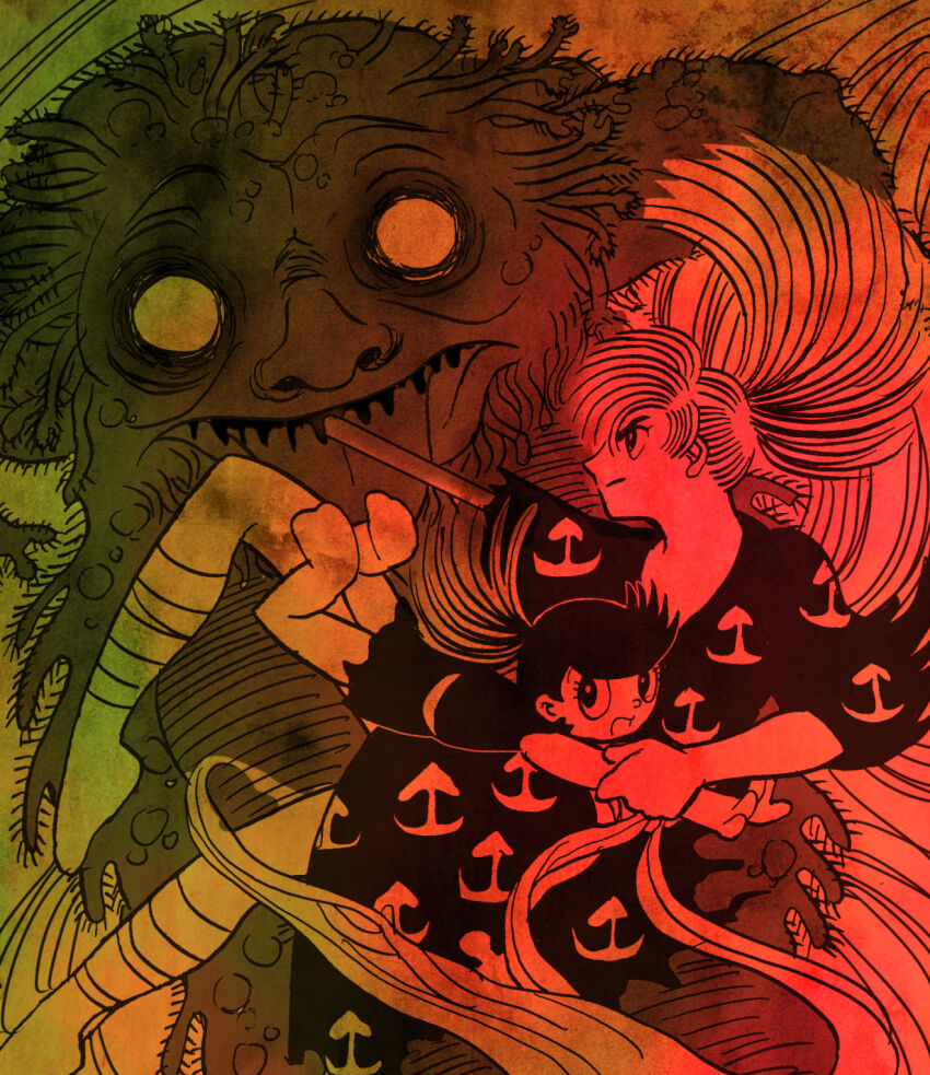 1boy 1girl bandages closed_mouth demon dororo_(character) dororo_(tezuka) eyelashes hashi84e highres hyakkimaru_(dororo) long_hair looking_ahead monochrome ponytail prosthesis prosthetic_arm prosthetic_weapon reverse_trap tezuka_osamu_(style)
