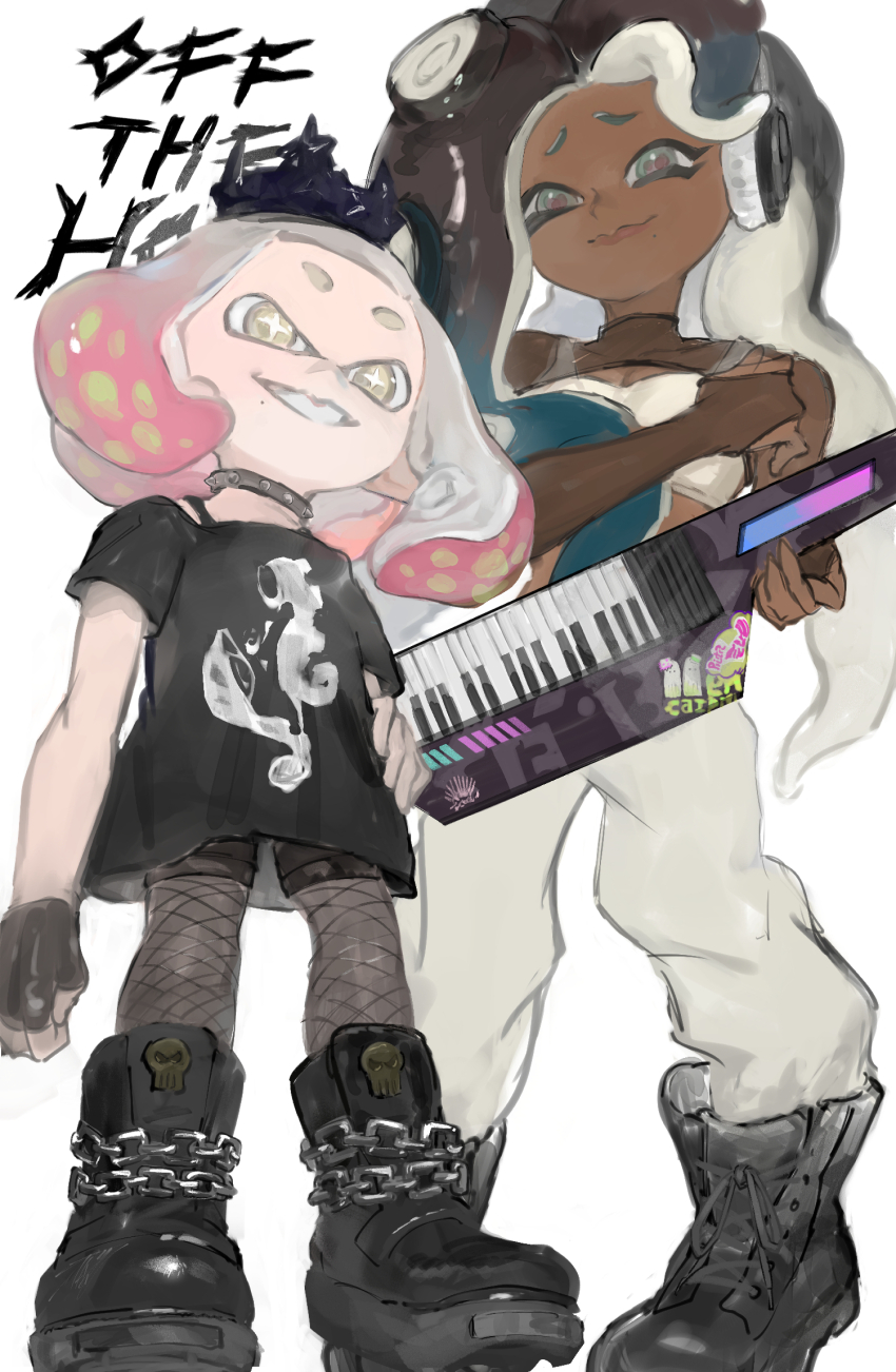 2girls aqua_eyes baggy_pants black_collar black_footwear black_gloves black_pantyhose black_shirt black_shorts black_shrug blonde_hair blue_hair boots bra bra_strap brown_hair cephalopod_eyes closed_mouth collar cross-laced_footwear crown dark-skinned_female dark_skin fingerless_gloves fishnet_pantyhose fishnets full_body furrowed_brow ga4me4 gloves gradient_hair grin group_name hand_on_own_hip highres holding holding_instrument inkling instrument keytar long_hair marina_(splatoon) marina_(springfest)_(splatoon) medium_hair mole mole_under_mouth multicolored_hair multiple_girls nintendo octoling off-shoulder_shirt off_shoulder official_alternate_costume pants pantyhose pearl_(splatoon) pearl_(springfest)_(splatoon) pink_hair print_shirt red_pupils see-through_shrug shirt short_sleeves shorts shrug_(clothing) smile spiked_collar spikes splatoon_(series) splatoon_3 standing star-shaped_pupils star_(symbol) suction_cups symbol-shaped_pupils tentacle_hair two-tone_hair underwear white_background white_bra white_pants yellow_eyes