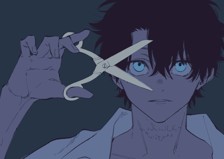 1boy black_hair blue_eyes close-up collarbone collared_shirt fate/grand_order fate_(series) grey_background hand_up highres holding holding_scissors male_focus parted_lips portrait scar scar_on_neck scissors shirt simple_background solo upper_body urup_zzz white_shirt