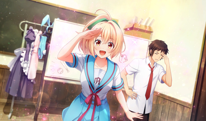 1boy 1girl :d belt blonde_hair blue_belt blue_sailor_collar blue_skirt blurry bow box brown_eyes brown_hair cardboard_box chalkboard cinderella_series classroom crossover depth_of_field dutch_angle film_grain game_cg green_bow hachigatsu_no_cinderella_nine hair_bow hand_on_own_hip high_ponytail highres indoors kita_high_school_uniform kyon lens_flare light_particles looking_at_viewer necktie non-web_source official_art open_mouth ponytail red_necktie sailor_collar school_uniform serafuku shirt short_hair short_sleeves skirt smile sparkle suzumiya_haruhi_no_yuuutsu takanashi_yuzu unworn_clothes white_shirt whiteboard wooden_floor