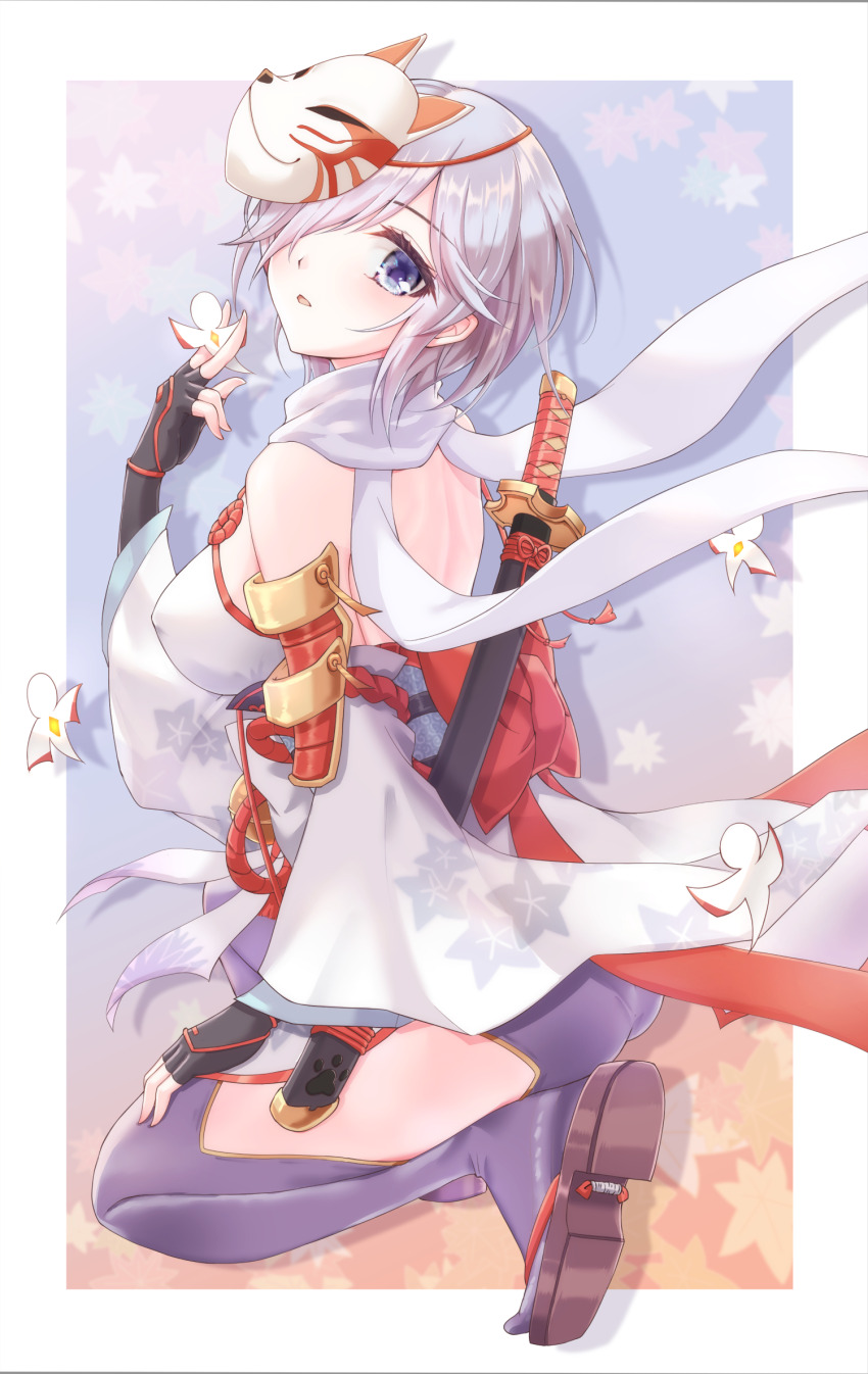 1girl ass back back_bow backless_outfit black_gloves blue_eyes blush bow breasts brown_sandals commentary_request covered_erect_nipples detached_sleeves fingerless_gloves fox_mask full_body gloves grey_eyes hair_over_one_eye highres hip_vent katana kuma_king large_breasts looking_at_viewer looking_to_the_side mask mask_on_head open_mouth pantyhose purple_pantyhose purple_skirt ragnarok_online red_bow sandals scarf sheath sheathed shikigami shiranui_(ragnarok_online) shirt short_hair sideboob skirt solo sword sword_on_back waist_bow weapon weapon_on_back white_scarf white_shirt zouri