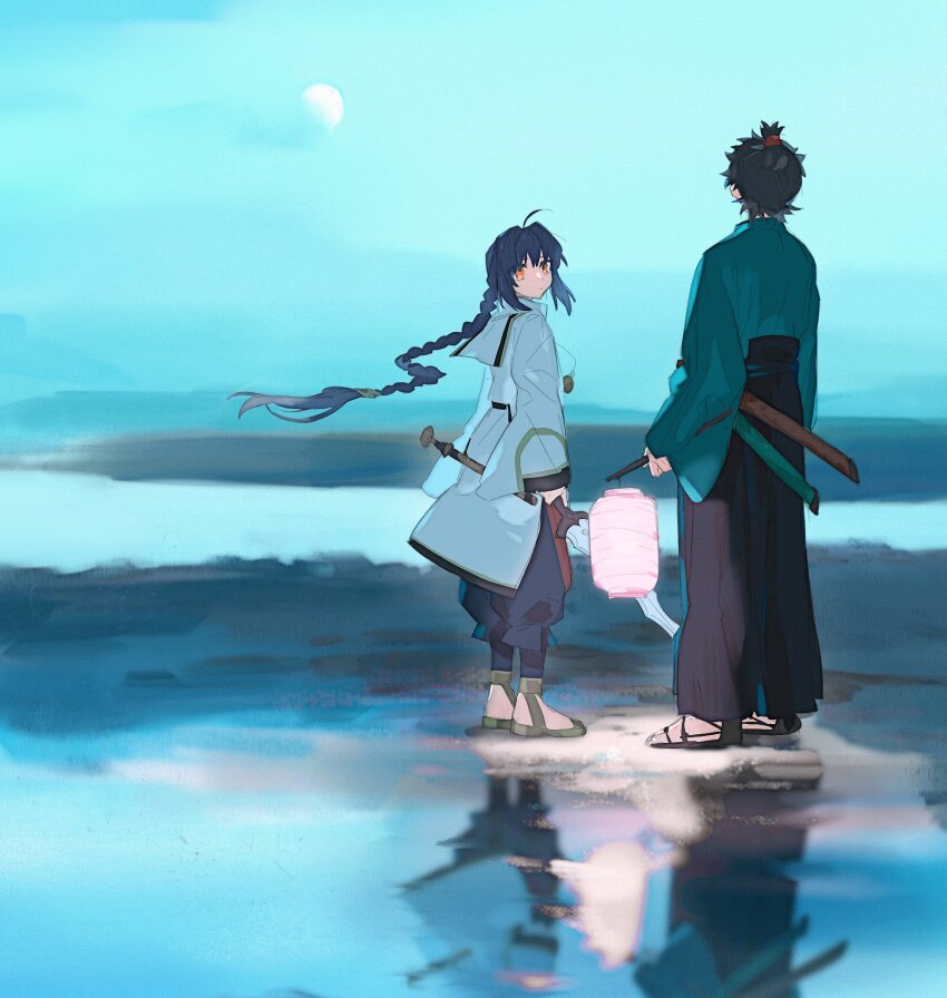 1boy 1other ahoge androgynous back black_hair black_hakama blue_kimono blue_sky braid braided_ponytail coral12131 fate/grand_order fate/samurai_remnant fate_(series) floating_hair from_behind hair_intakes hakama half_moon highres holding holding_lantern holding_sword holding_weapon japanese_clothes jewelry katana kimono lantern long_hair looking_at_another miyamoto_iori_(fate) moon necklace orange_eyes paper_lantern reflection reflective_floor reflective_water sidelocks single_braid sky sword topknot water weapon yamato_takeru_(fate)