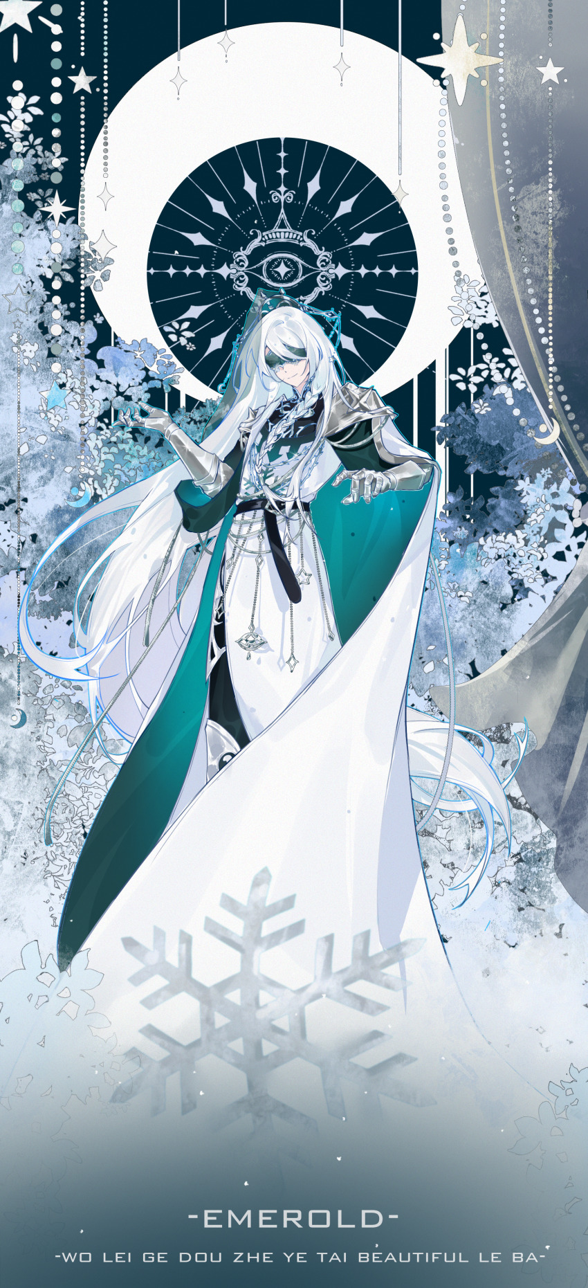1boy absurdres aqua_cape armor armored_boots baiguigelierwan belt wallet_chain black_belt black_pants black_shirt blindfold blue_flower boots braid cael_anselm cape character_name closed_mouth crescent curtains eye_symbol facing_viewer feet_out_of_frame flower gauntlets green_background green_veil hair_between_eyes hand_up headdress highres long_bangs long_hair long_sleeves lovebrush_chronicles male_focus mobile pants shirt shoulder_armor side_braid smile snowflake_print solo star_(symbol) tunic two-sided_cape two-sided_fabric typo veil very_long_hair white_cape white_flower white_hair white_tunic