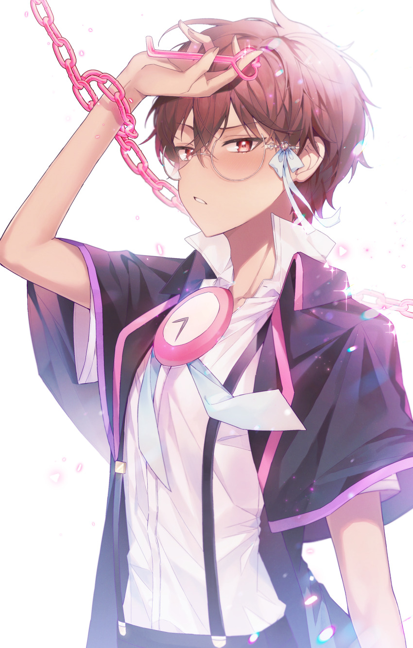 1boy absurdres black_coat blue_ribbon brown_eyes brown_hair chain clock coat highres holding holding_key it_po_(sss_cmy) key keyhole klug_(puyopuyo) male_focus parted_lips puyopuyo puyopuyo_fever ribbon shirt short_hair sparkle strange_klug suspenders white_shirt