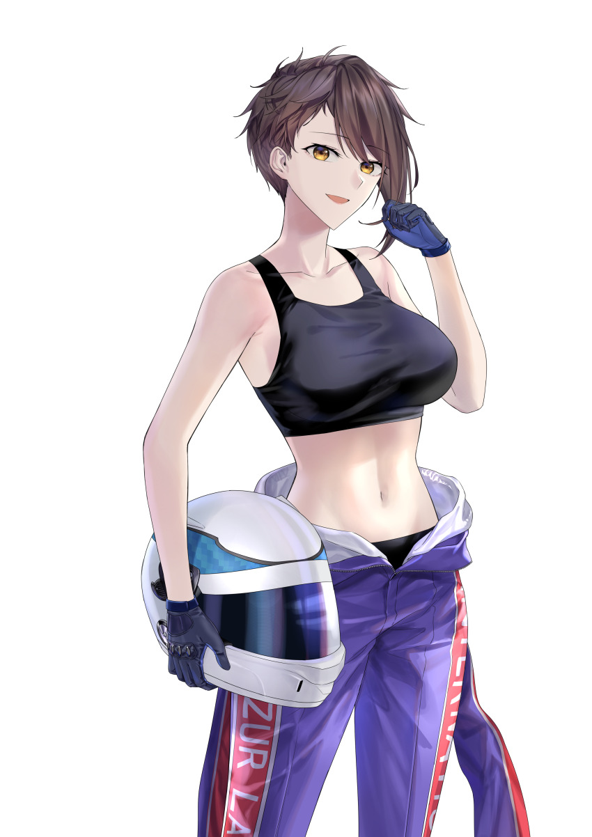 1girl absurdres alternate_hair_length alternate_hairstyle azur_lane black_gloves black_tank_top breasts brown_hair collarbone commentary commission cowboy_shot crop_top english_commentary gloves helmet highres holding holding_helmet jumpsuit large_breasts linea_alba looking_at_viewer midriff navel official_alternate_costume open_jumpsuit open_mouth parted_bangs ponytail purple_jumpsuit racing_suit short_hair_with_long_locks simple_background solo suprii tank_top white_background yellow_eyes zuikaku_(azur_lane) zuikaku_(zoom_like_the_wind)_(azur_lane)