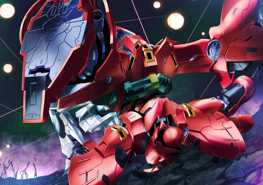 bad_id bad_pixiv_id battle beam broken_ground char&#039;s_counterattack commentary_request damaged explosion fujimo_ruru german_suplex gundam highres mecha no_humans nu_gundam robot sazabi space star_(sky) suplex wrestling