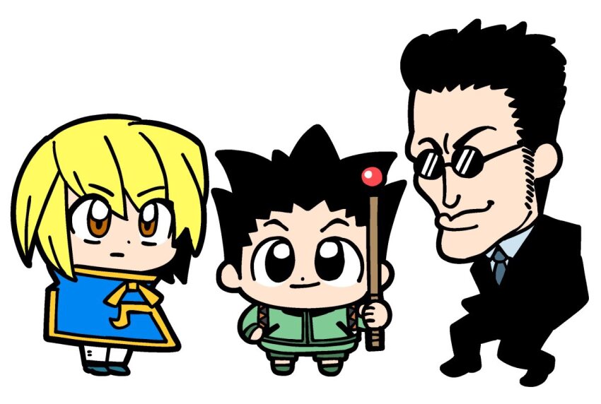 3boys bkub black_eyes black_hair black_jacket blonde_hair brown_eyes chibi closed_mouth gon_freecss green_jacket hair_between_eyes hands_in_pockets holding hunter_x_hunter jacket kurapika leorio_paladiknight male_focus multiple_boys necktie shorts sideburns simple_background spiked_hair standing white_background
