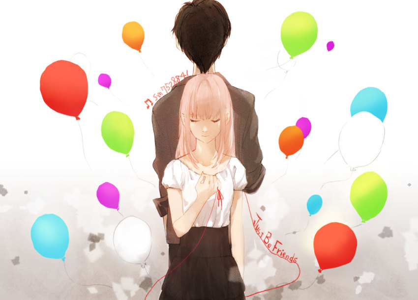 back-to-back balloon black_hair closed_eyes just_be_friends_(vocaloid) megurine_luka mitosa pink_hair string vocaloid