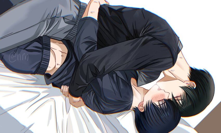2boys bed black_hair black_pants black_shirt blue_lock blush closed_eyes french_kiss grey_pants hug hyohls2_(hamao3o) isagi_yoichi itoshi_rin kiss long_sleeves lying male_focus midriff multiple_boys pants shirt short_hair tongue tongue_out yaoi