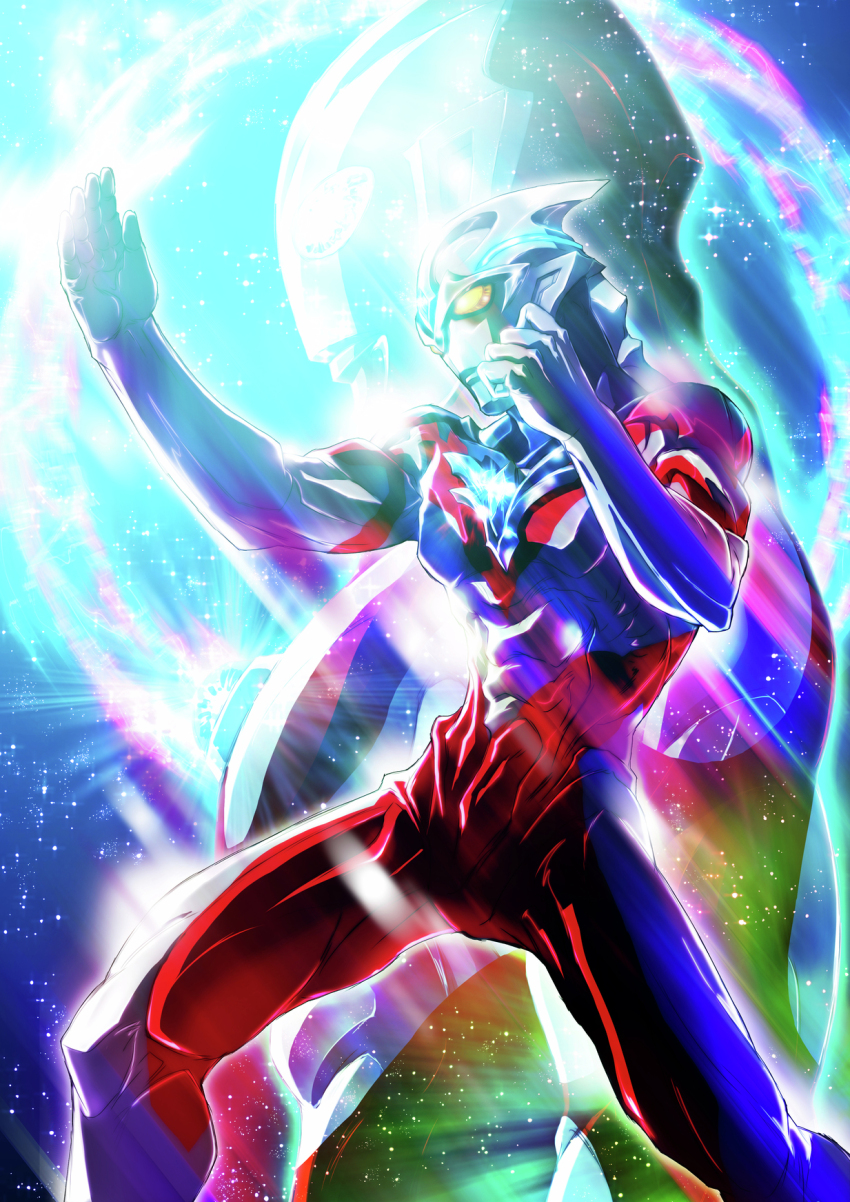 alien color_timer glowing glowing_eyes gotou_masayuki highres no_humans official_art open_hands standing tokusatsu ultra_series ultraman ultraman_(1st_series) ultraman_arc ultraman_arc_(series) upper_body yellow_eyes