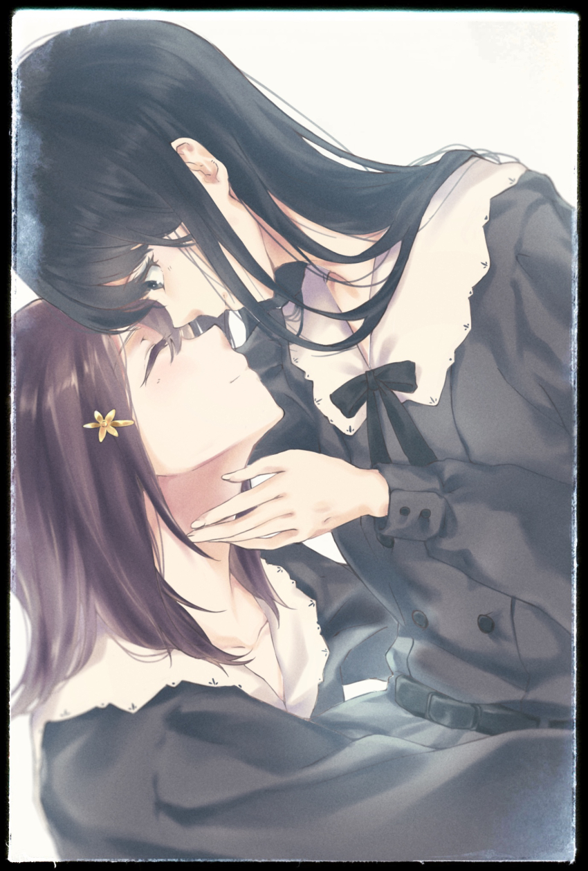 10kanaga 2girls black_dress dress flowers_(innocent_grey) highres kousaka_mayuri multiple_girls neck_ribbon ribbon shirahane_suou yuri