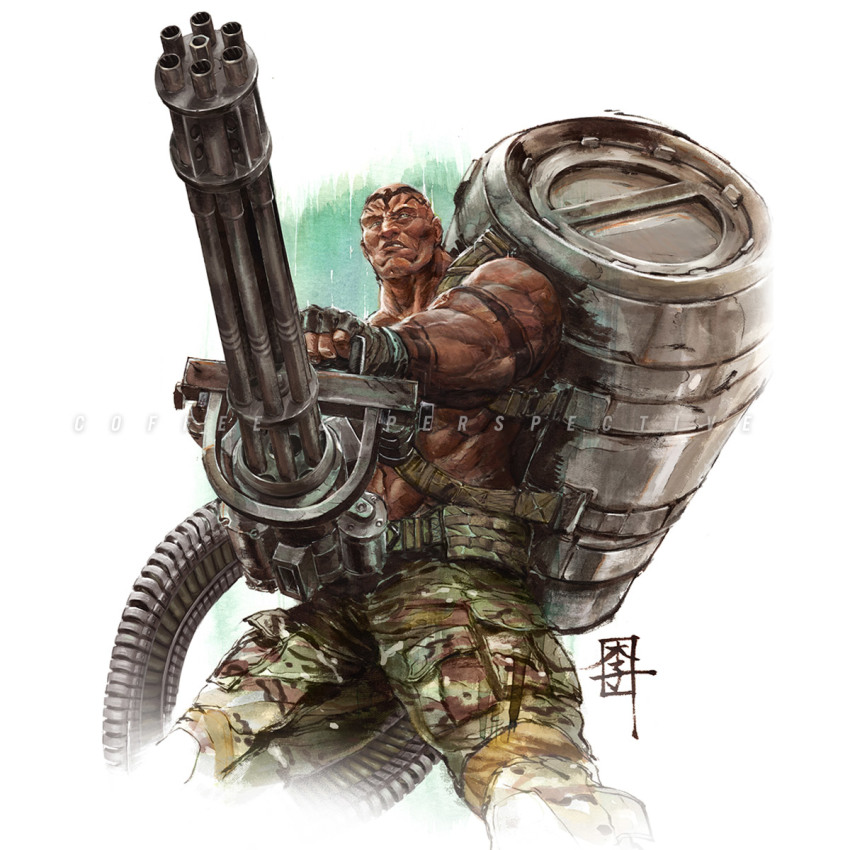 1boy ammunition_backpack ammunition_chute character_request commentary dark-skinned_male dark_skin fingerless_gloves gatling_gun gloves gun highres holding holding_gun holding_weapon konami looking_at_viewer male_focus mar-c! metal_gear_(series) metal_gear_solid military military_uniform minigun multiple-barrel_gun muscular muscular_male rifle simple_background solo teeth united_states_army vulcan_raven weapon