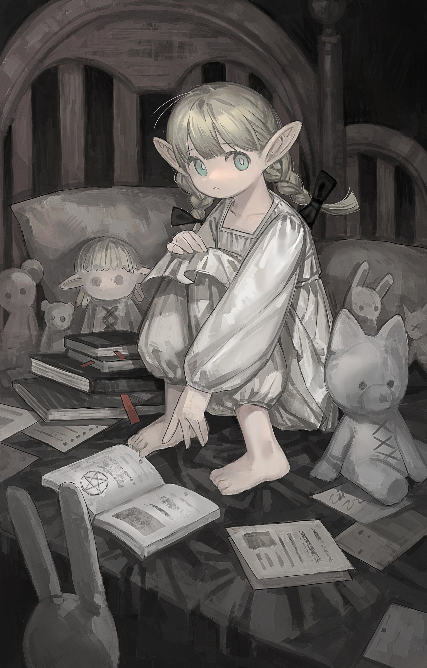 1girl absurdres barefoot bed black_bow blonde_hair blue_eyes book bow braid bright_pupils character_doll crown doll dress dungeon_meshi hair_bow headboard highres huang_du_du large_ears low_twin_braids marcille_donato marcille_donato_(half-foot) on_bed open_book pants pillow puffy_pants sitting solo stuffed_animal stuffed_dog stuffed_toy teddy_bear twin_braids white_dress white_pants white_pupils