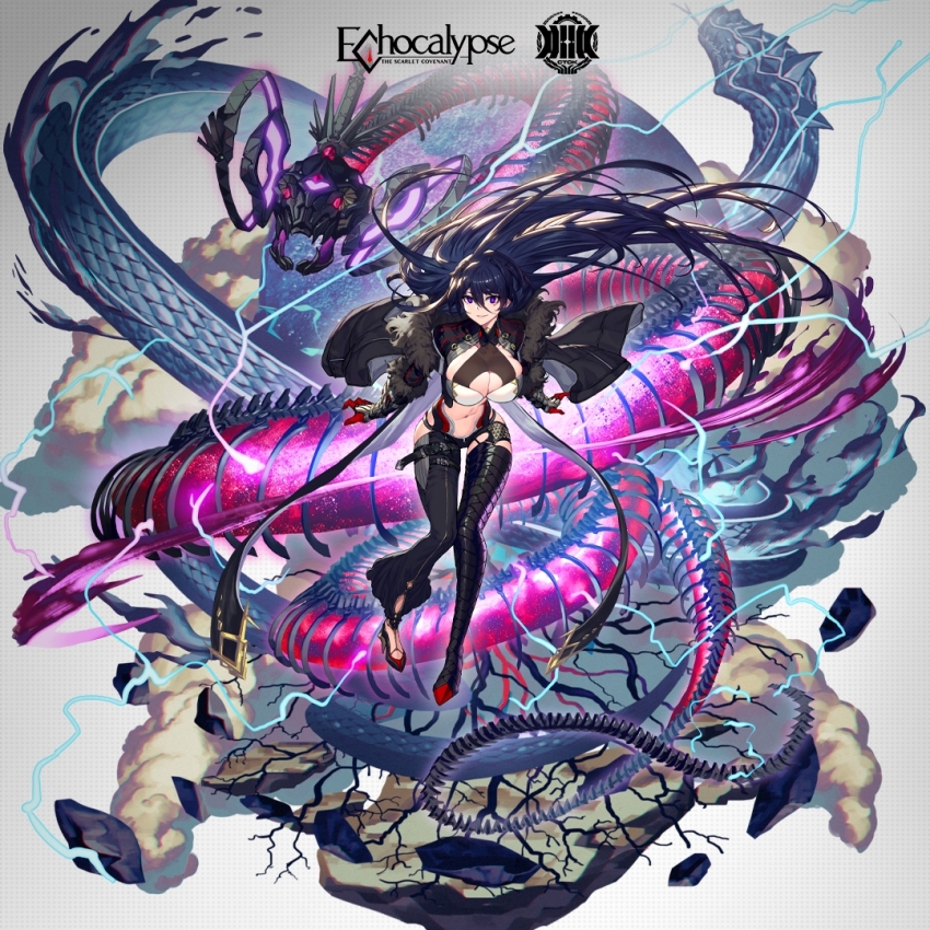 1girl animal armored_gloves bare_hips black_boots black_jacket black_pants blue_hair bone boots breasts cleavage cleavage_cutout closed_mouth clothing_cutout echocalypse floating floating_clothes floating_hair full_body fur_trim giant_snake gloves hair_between_eyes high_heels jacket large_breasts light_smile lightning long_hair looking_at_viewer midriff navel non-humanoid_robot official_art open_clothes open_jacket oversized_animal pants promotional_art purple_eyes red_gloves ribs robot robot_animal rock smile smoke snake solo strap thigh_boots thigh_strap very_long_hair