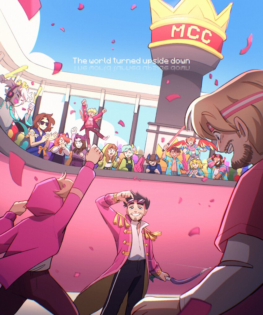 2others 4girls 6+boys absurdres audience beard bird_boy bird_wings black_hair blonde_hair blue_bats_(mc_championship) bow_(weapon) captainsparklez cheering clapping cloud coat commentary confetti cosplay crowd crown english_commentary english_text eret_(youtuber) esports everyone eyewear_on_head facial_hair falsesymmetry foam_finger geminitay goodtimeswithscar grian_(youtuber) grin happy hatsune_miku hatsune_miku_(cosplay) hawaiian_shirt hbomb94 headband highres holding holding_bow_(weapon) holding_weapon hood hood_up jumping lime_llamas_(mc_championship) marblegroves mc_championship minecraft_youtube multiple_boys multiple_girls multiple_others official_alternate_costume open_mouth outdoors pearlescentmoon pink_coat pink_headband pink_parrots_(mc_championship) purple_pandas_(mc_championship) purpled ranboo shirt short_hair shubble sky smajor1995 smile spring_onion stadium standing sunglasses theorionsound tommyinnit tubbo vocaloid weapon wings
