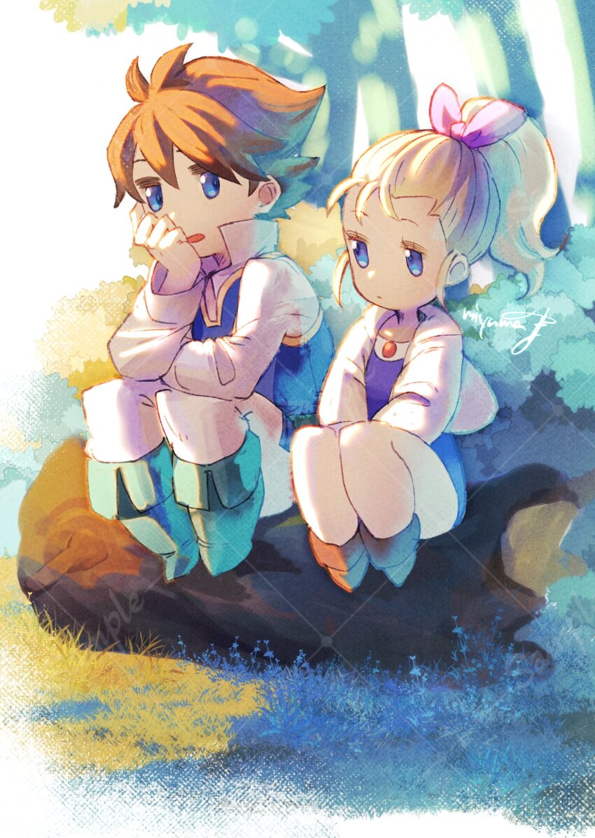 1boy 1girl bartz_klauser blonde_hair blue_eyes brown_hair closed_mouth dress final_fantasy final_fantasy_v full_body grass highres krile_mayer_baldesion_(ff5) log long_hair miyama_(lacrima01) open_mouth ponytail sitting tree