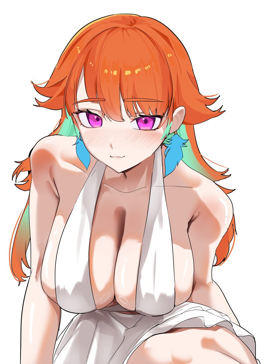 1girl absurdres armpit_crease breasts cleavage collarbone dress earrings feather_earrings feathers green_hair highres hololive hololive_english jewelry koizumi_arata large_breasts looking_at_viewer multicolored_hair orange_hair purple_eyes simple_background solo takanashi_kiara two-tone_hair virtual_youtuber white_background white_dress