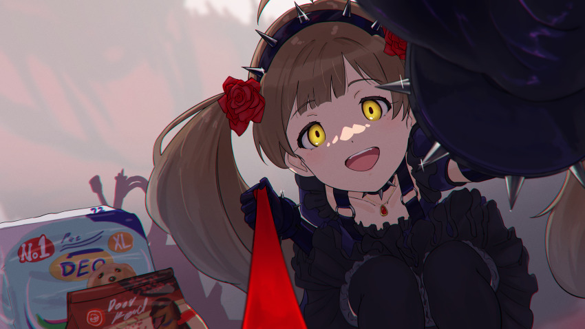 1girl :d absurdres black_collar black_dress black_gloves black_hairband brown_hair chromatic_aberration collar collarbone commentary dark_persona dress english_commentary flower foreshortening frilled_dress frills glint gloves hair_flower hair_ornament hairband hakozaki_serika highres idol_heroes_(idolmaster) idolmaster idolmaster_million_live! idolmaster_million_live!_theater_days leash long_hair looking_at_viewer open_mouth pet_food pov red_flower red_rose rose smile solo spiked_collar spiked_gloves spiked_hairband spikes splashab teeth twintails upper_teeth_only viewer_on_leash yellow_eyes