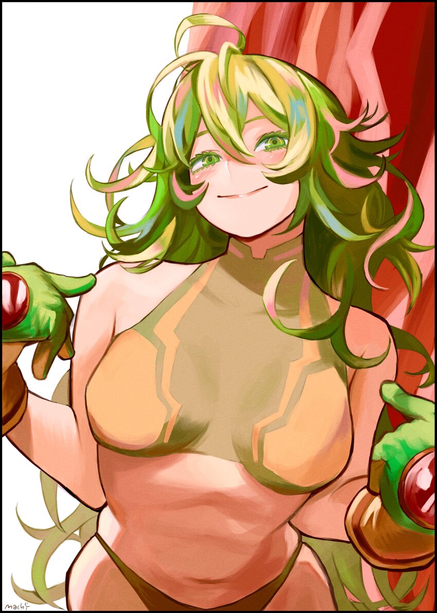 1girl absurdres blush boku_no_hero_academia breasts gloves green_eyes green_gloves green_hair hagakure_toru highres long_hair looking_at_viewer machipachi1901 messy_hair navel official_alternate_costume pointing pointing_at_self seductive_gaze seductive_smile smile solo