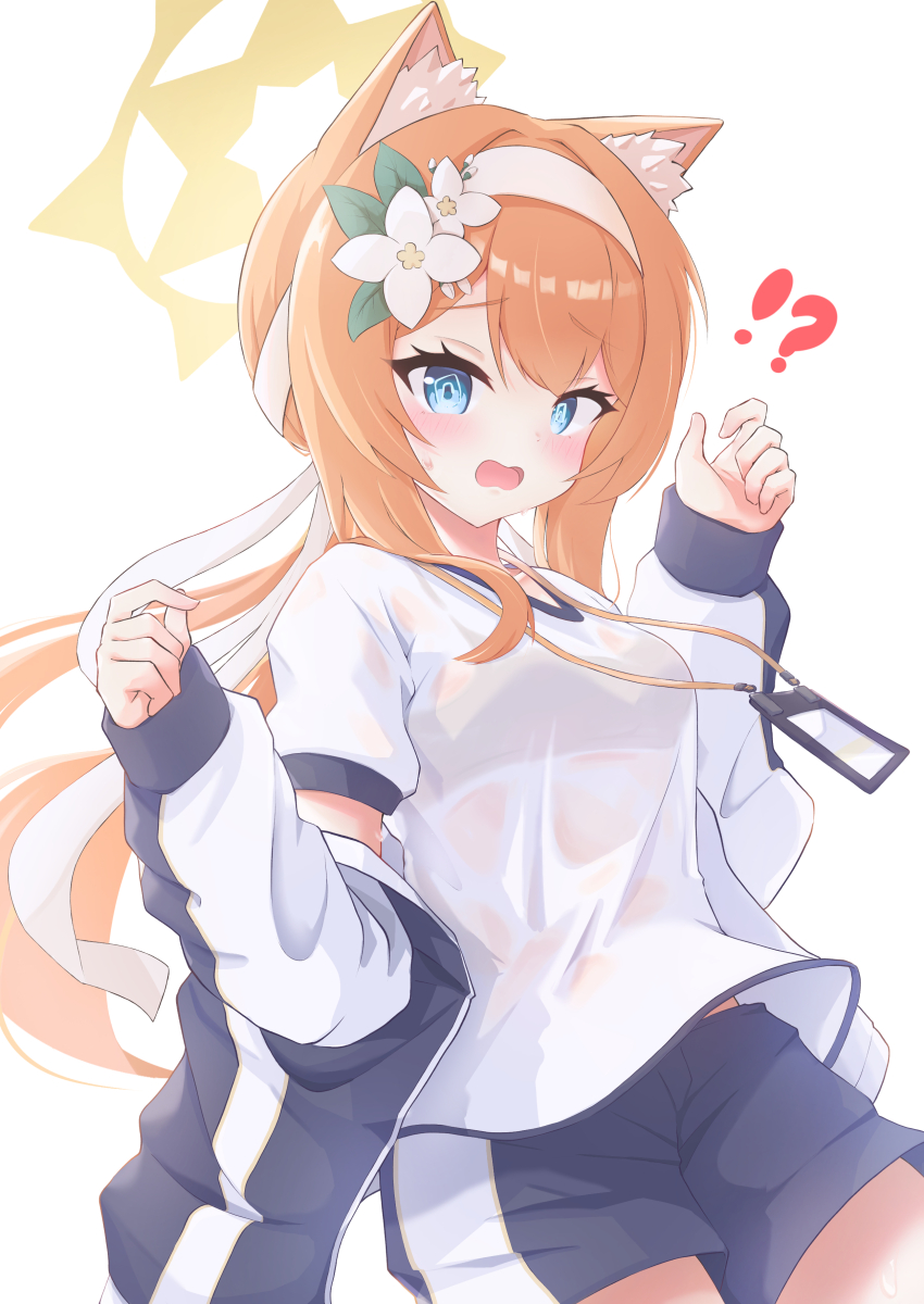 1girl absurdres animal_ear_fluff animal_ears blue_archive blue_eyes blush breasts cat_ears gym_shirt gym_uniform highres jacket karupa_(karupapon) long_hair long_sleeves mari_(blue_archive) mari_(track)_(blue_archive) open_clothes open_jacket open_mouth orange_hair shirt simple_background small_breasts solo track_jacket wet wet_clothes wet_shirt white_shirt