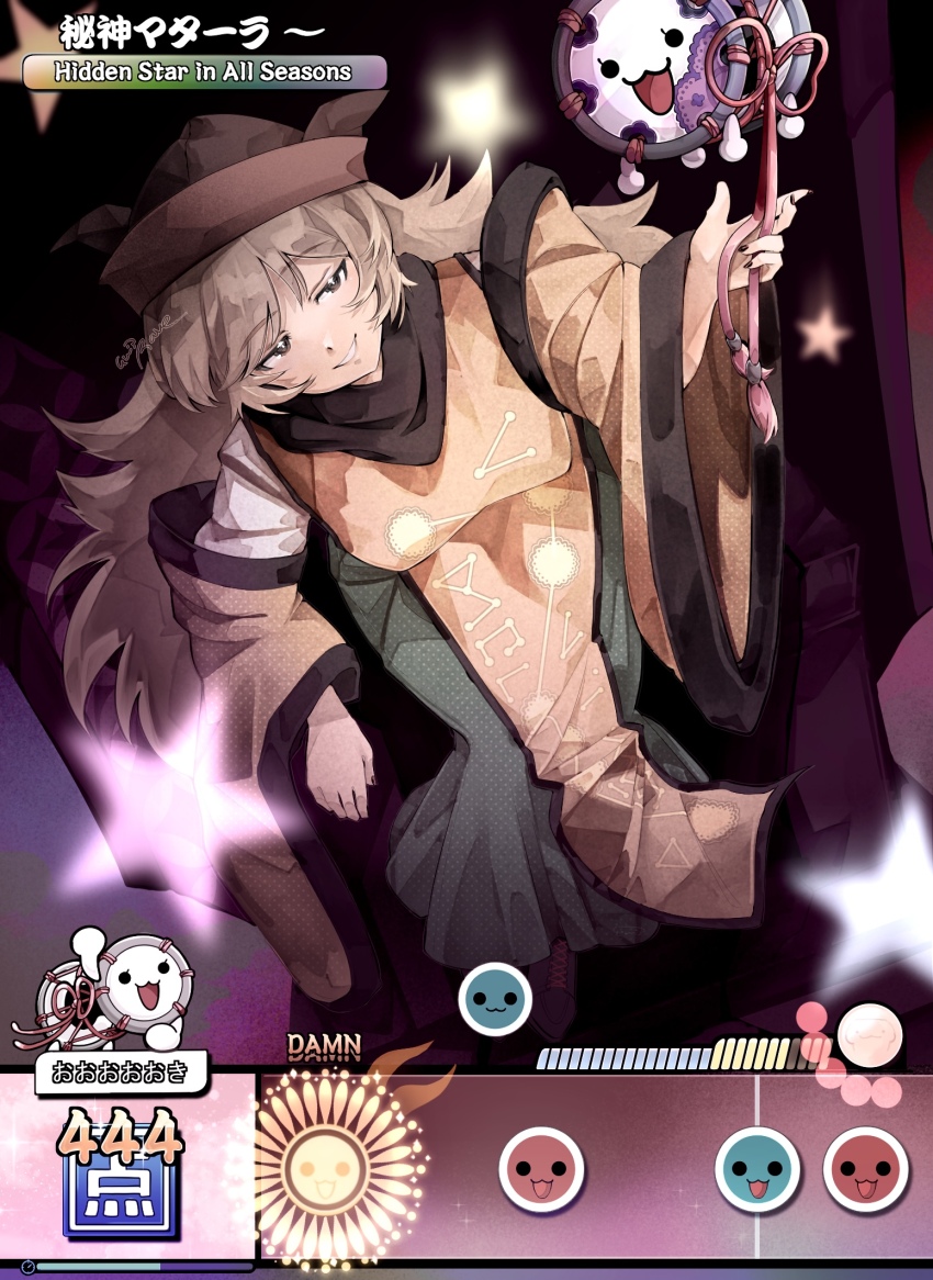 1girl blonde_hair breasts detached_sleeves green_skirt hat highres long_hair matara_okina medium_breasts nail_polish rave_(xenodrug) shirt sitting skirt smile solo star_(symbol) taiko_no_tatsujin touhou white_shirt yellow_tabard
