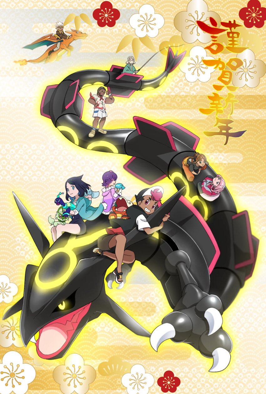 4boys 4girls alternate_color black_shorts black_vest brown_shorts cardigan charizard claws coat commentary_request dark-skinned_male dark_skin dot_(pokemon) egasumi friede_(pokemon) fuecoco gen_1_pokemon gen_3_pokemon glowing_markings green_coat highres holding holding_pokemon hood hood_basket hood_down hooded_cardigan kanoko_(pattern) legendary_pokemon liko_(pokemon) ludlow_(pokemon) marie_(marie_cookie222) mollie_(pokemon) multiple_boys multiple_girls murdock_(pokemon) nintendo open_clothes open_coat orla_(pokemon) pokemon pokemon_(anime) pokemon_(creature) pokemon_horizons purple_cardigan purple_hair quaxly rayquaza riding riding_pokemon roy_(pokemon) sandals seigaiha shiny_pokemon shirt short_sleeves shorts sitting sprigatito starter_pokemon_trio terapagos vest white_shirt