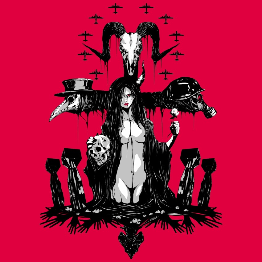 1girl aircraft airplane animal_skull black_hair bomb bomber breasts cloak combat_helmet cross demon_girl explosive expressionless flower gas_mask helmet highres horns limited_palette long_hair looking_at_viewer mask military_vehicle naked_cloak navel nipples original parted_lips plague_doctor_mask red_eyes skull small_breasts solo stahlhelm yamada_satoshi