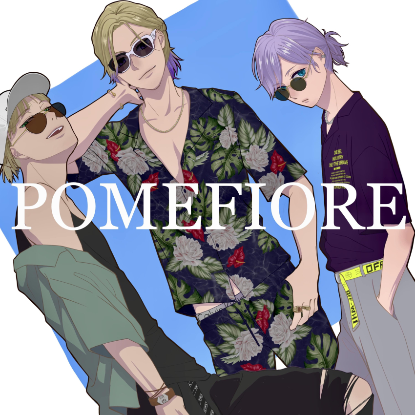 3boys absurdres baseball_cap black_tank_top blonde_hair blue_background commentary_request cowboy_shot epel_felmier floral_print glasses hand_in_pocket hand_on_own_neck hat highres male_focus multiple_boys pants purple_hair purple_shirt rook_hunt shirt short_hair simple_background sunglasses tank_top torn_clothes torn_pants twisted_wonderland ukichan12011 vil_schoenheit