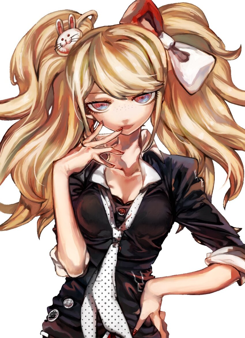 1girl black_shirt blonde_hair bow breasts cleavage commentary cosplay danganronpa:_trigger_happy_havoc danganronpa_(series) enoshima_junko enoshima_junko_(cosplay) eyelashes freckles hair_ornament hand_on_own_hip highres ikusaba_mukuro kitaya long_hair looking_at_viewer necktie open_mouth rabbit_hair_ornament red_nails ringed_eyes shirt simple_background solo spoilers twintails upper_body white_background white_necktie