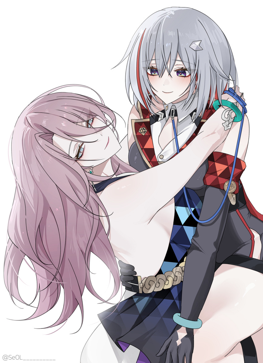 2girls absurdres black_bodysuit black_dress blue_eyes blush bodysuit breasts collared_shirt colored_inner_hair commentary dress earrings hair_between_eyes hair_ornament hand_on_another&#039;s_back hand_on_another&#039;s_shoulder highres holding holding_leash honkai:_star_rail honkai_(series) hug jade_(honkai:_star_rail) jewelry large_breasts leash looking_at_another looking_at_viewer multicolored_hair multiple_girls purple_hair red_hair seol_(baconontheclock) shirt short_hair simple_background slit_pupils smile streaked_hair topaz_(honkai:_star_rail) twitter_username white_background white_hair white_shirt yuri