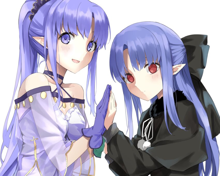 2girls bare_shoulders black_dress blue_hair blush bow breasts capelet chiizu_ore commission dress expressionless fate/grand_order fate_(series) gloves hair_bow highres kagetsu_tooya len_(tsukihime) medea_(fate) medea_lily_(fate) multiple_girls palms_together pointy_ears ponytail purple_eyes purple_hair red_eyes sidelocks skeb_commission small_breasts smile tsukihime upper_body white_dress