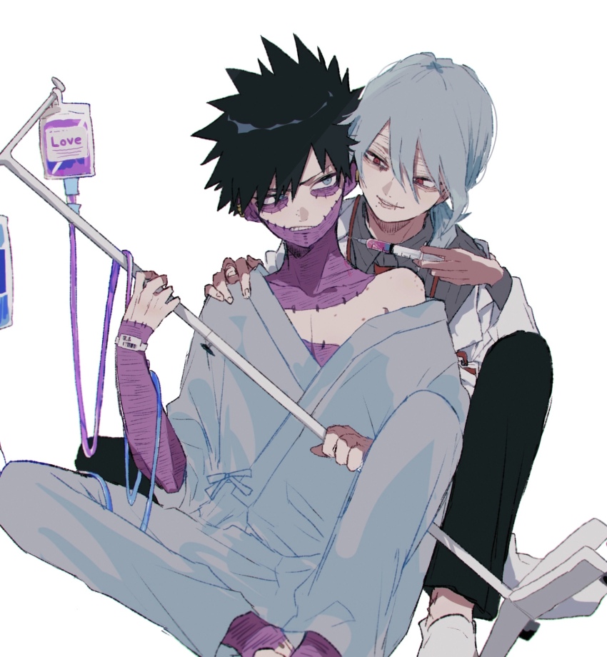 2boys ametaro_(ixxxzu) black_hair blue_eyes boku_no_hero_academia burn_scar cheek_piercing collared_shirt dabi_(boku_no_hero_academia) face_piercing grey_hair grey_shirt highres holding holding_syringe hospital_gown iv_stand lab_coat male_focus medium_hair multiple_boys multiple_scars necktie piercing ponytail red_eyes red_necktie scar scar_on_face shigaraki_tomura shirt short_hair simple_background spiked_hair staple stapled syringe white_background wrinkled_skin