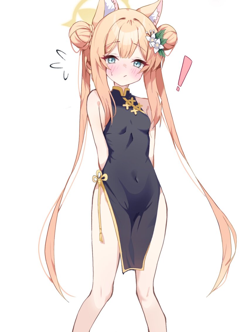 1girl :/ alternate_costume alternate_hairstyle animal_ear_fluff animal_ears arms_behind_back bare_shoulders black_dress blonde_hair blue_archive blue_eyes blush braid braided_bun breasts cardcat_00 cat_ears cat_girl china_dress chinese_clothes covered_navel dot_nose double_bun dress feet_out_of_frame flower flying_sweatdrops hair_between_eyes hair_bun hair_flower hair_ornament halo highres loli long_hair looking_at_viewer mari_(blue_archive) pelvic_curtain sidelocks simple_background sleeveless sleeveless_dress small_breasts solo standing sweatdrop thighs twintails very_long_hair white_background yellow_halo