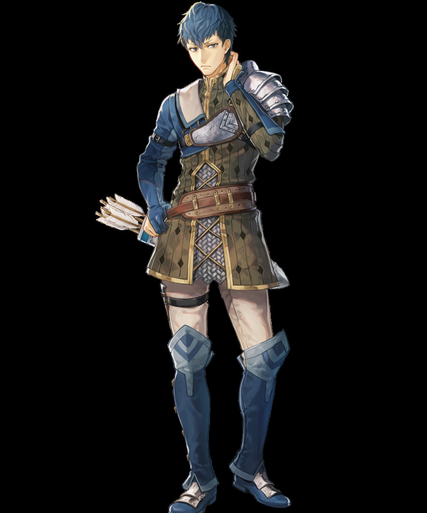 1boy arrow_(projectile) belt blue_hair boots brown_eyes fingerless_gloves fire_emblem fire_emblem_echoes:_shadows_of_valentia fire_emblem_heroes full_body gloves highres male_focus nintendo official_art python_(fire_emblem) quiver solo suda_ayaka transparent_background