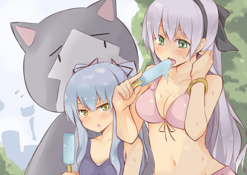 2girls altorealize bikini blue_hair blush bracelet breasts cat cleavage eiyuu_densetsu elie_macdowell falcom food green_eyes hair_ribbon half_updo jewelry light_purple_hair long_hair medium_breasts multiple_girls popsicle ribbon swimsuit tio_plato yellow_eyes zero_no_kiseki