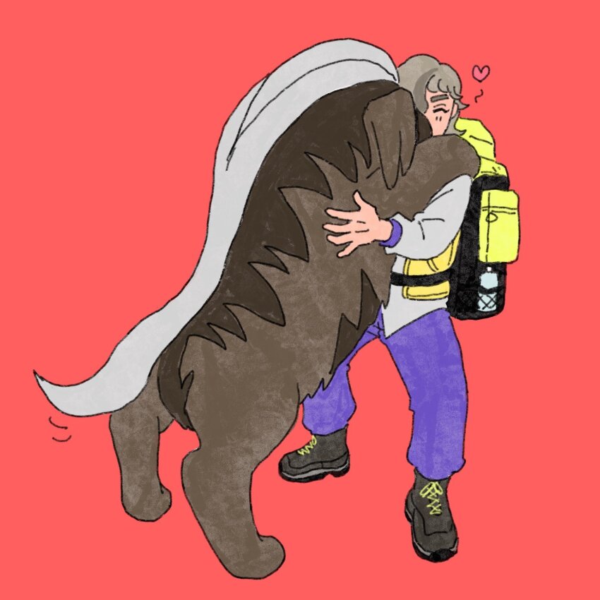 1boy animal animal_hug arven_(pokemon) black_boots boots brown_hair dog enu_atsnc hair_over_one_eye heart highres hug jacket layered_sleeves long_sleeves mabosstiff male_focus nintendo one_eye_covered open_clothes open_jacket pants pokemon pokemon_(creature) pokemon_sv purple_pants red_background school_uniform shoelaces simple_background solo thick_eyebrows uva_academy_school_uniform yellow_jacket