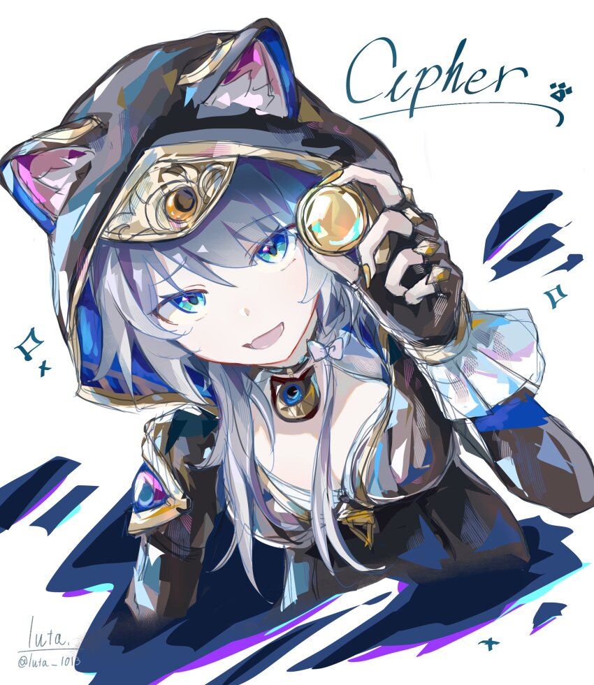 1girl :d absurdres animal_ears aqua_eyes cat_ears character_name cipher_(honkai:_star_rail) coin grey_hair highres holding holding_coin honkai:_star_rail honkai_(series) hood long_hair long_sleeves looking_at_viewer luta_(luta_1013) open_mouth simple_background smile solo upper_body white_background