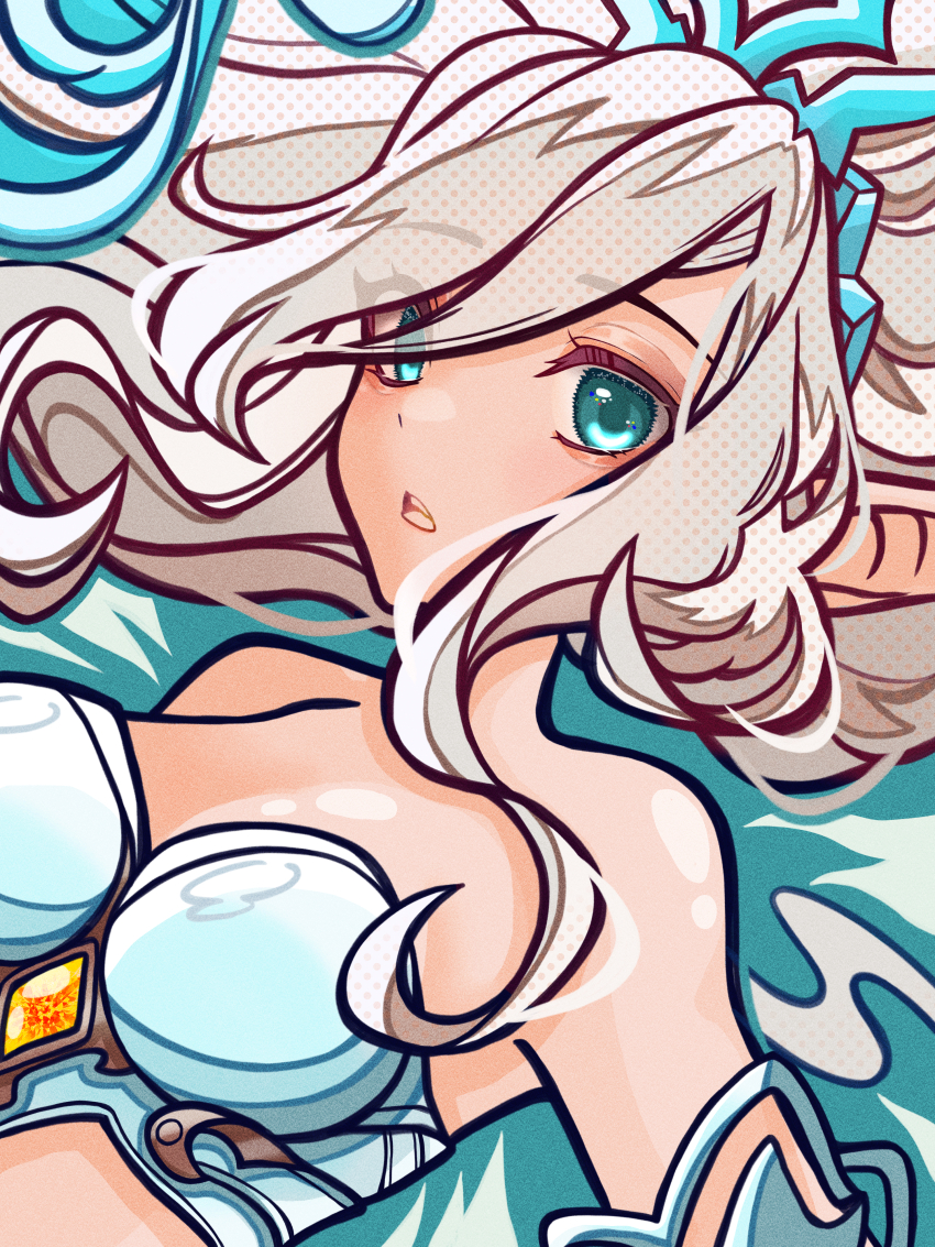 1girl absurdres bare_shoulders blue_eyes breasts cleavage grey_hair hair_between_eyes hair_ornament highres janna_(league_of_legends) kawaguti_kappa league_of_legends long_hair looking_at_viewer medium_breasts open_mouth pointy_ears sidelocks simple_background sleeveless solo teeth upper_body upper_teeth_only