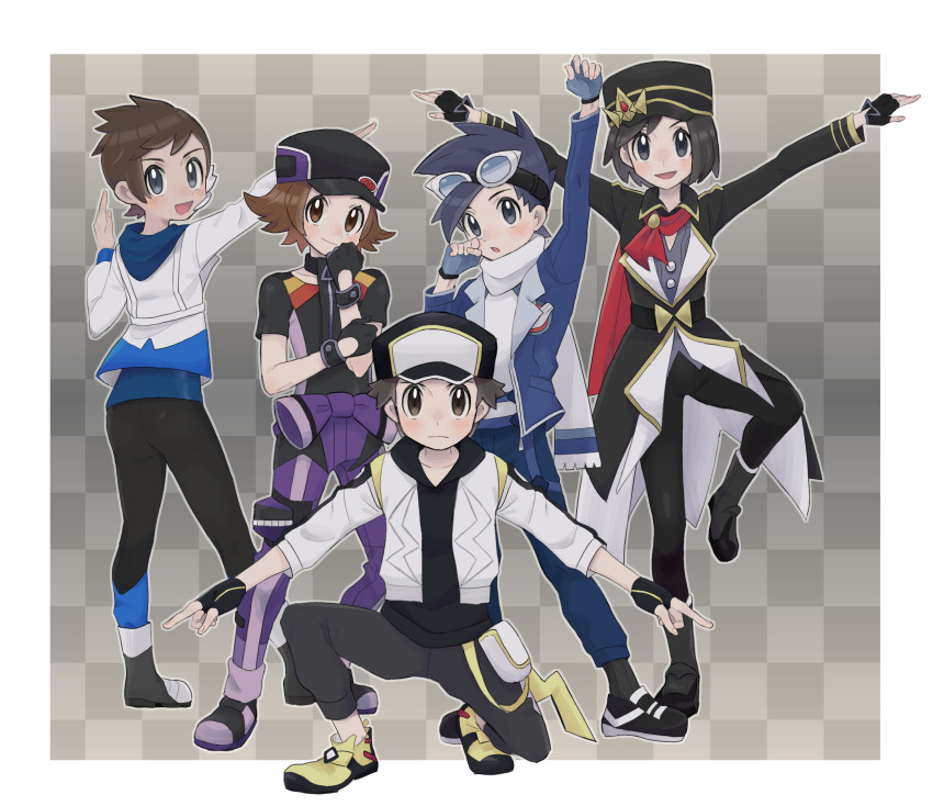 5boys :d :o arm_up black_gloves black_headwear black_pants blue_jacket blue_pants boots border brendan_(pokemon) brendan_(sygna_suit)_(pokemon) brown_hair calem_(pokemon) checkered_background commentary_request ethan_(pokemon) ethan_(sygna_suit)_(pokemon) fingerless_gloves ginyu_force_pose gloves grey_eyes grey_gloves hand_up hat highres hilbert_(pokemon) hilbert_(sygna_suit)_(pokemon) hood hood_down jacket leg_up male_focus multiple_boys nintendo official_alternate_costume open_clothes open_jacket open_mouth pants pants_tucked_in pokemon pokemon_masters_ex red_(pokemon) red_(sygna_suit)_(thunderbolt)_(pokemon) sana_(37pisana) scarf shirt shoes short_hair smile squatting standing white_border white_jacket white_scarf white_shirt yellow_shoes