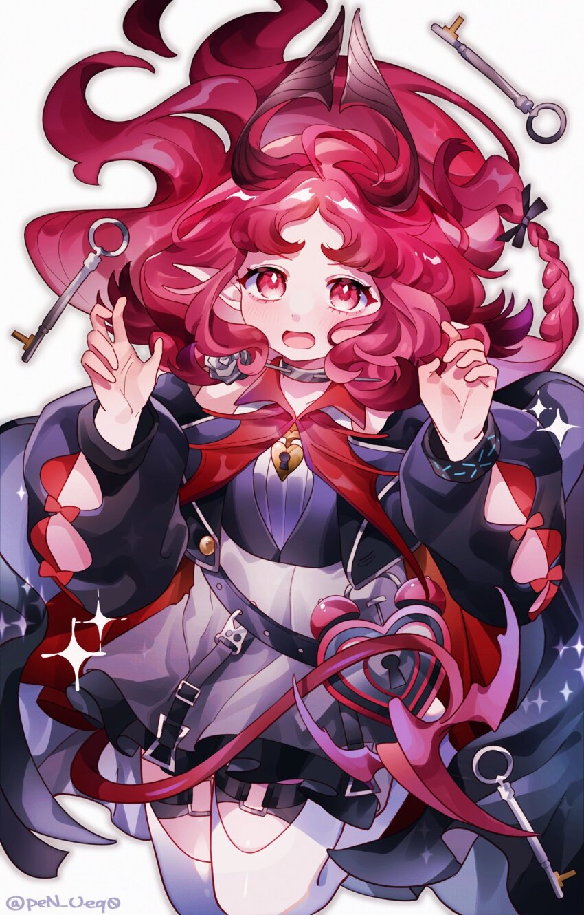 1girl arknights arm_cutout black_dress braid commentary_request dress floating_hair hands_up highres infection_monitor_(arknights) jewelry key keyhole locket long_hair long_sleeves looking_at_viewer nymph_(arknights) open_mouth pendant pointy_ears red_eyes red_hair simple_background solo sparkle takumi_mizuki thighhighs twitter_username white_background white_thighhighs