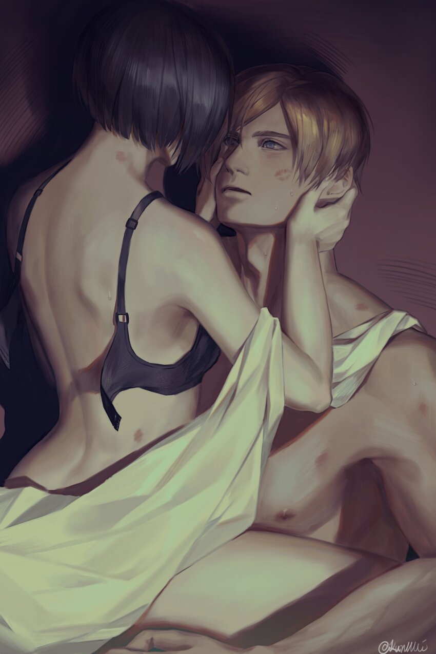 1boy 1girl ada_wong black_bra black_hair blanket blue_eyes bra brown_hair hands_on_another&#039;s_face hetero hickey highres kurumi031212 leon_s._kennedy lipstick_mark lipstick_mark_on_face looking_at_another median_furrow open_bra resident_evil straddling sweat twitter_username underwear upright_straddle